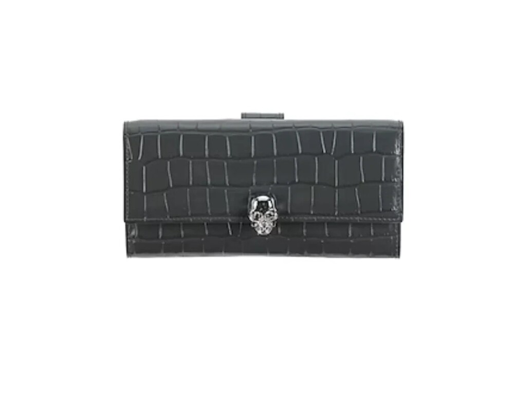 6473 - Alexander Mcqueen Croc Embossed Long Wallet Gray - Croc Embossed Long Wal